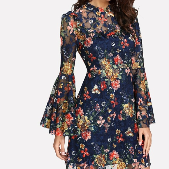 Calico Print Bell Sleeve Dress - Picture 2 of 3